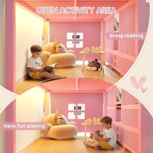 Bellemave Low Loft Bed Twin Size with Storage Shelves & Fabric Drawers, Metal Twin Loft Bed for Kids with LED Lights & Under-Bed Play Area, Low Loft Bed Frame for Bedroom, No Box Spring Needed, Pink