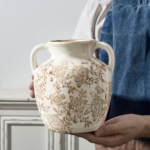 Ceramic Vintage Vase, Utensil Holder, Flower Decorative Vase with Handles, Chinoiserie Decor Rustic Farmhouse Retro Floral Vases for Table Bookshelf Mantel Kitchen Living Room Office - 6.7” Brown 018