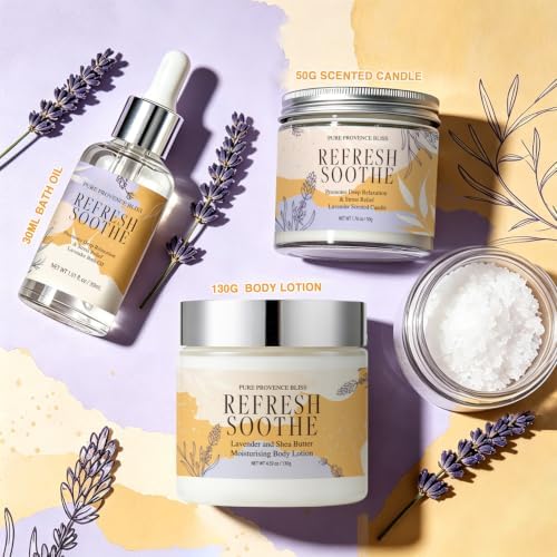 Spa Gift Set for Women, 6Pcs Lavender Bath Gift Set Home Spa Kit with Bath Salts Body Butter Shower Gel Essential Oil Candle Soap Self Care Gifts for Her Birthday Mother's Day Christmas