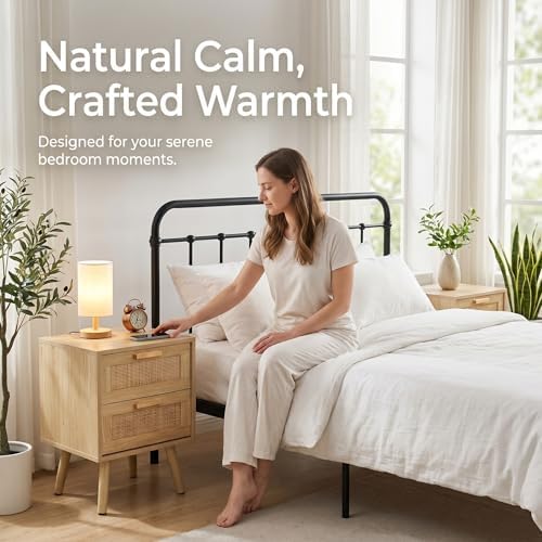 Finnhomy Nightstand, End Table, Side Table with 2 Hand Made Rattan Decorated Drawers, Wood Accent Table with Storage for Bedroom, Natural (Patented)