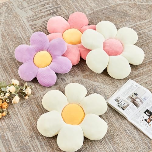Kcvvcr White Yellow Flower Pillow, 14.9" Cute Flower Shaped Floor Pillow, Aesthetic Floral Plush Daisy Decorative Throw Pillows for Bed Sofa Couch
