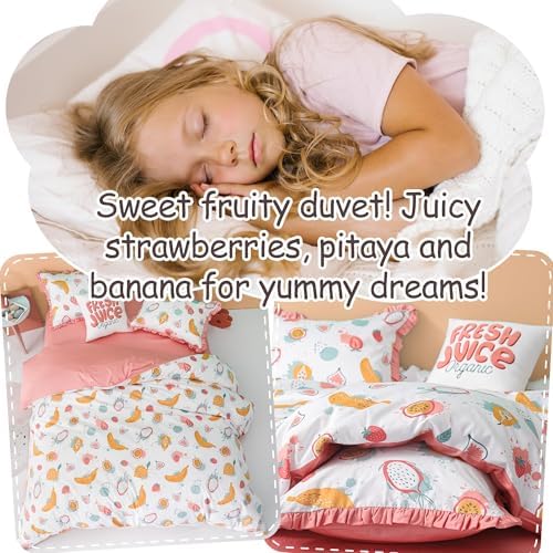 Simple&Opulence 100% Organic Cotton Duvet Cover for Kids Teens, 4 Piece Soft Cartoon Comforter Cover with Zipper Closure, Kawaii Girls Bedding Set - Colorful Fruits, Full/Queen