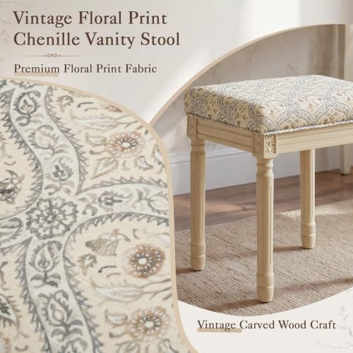 LUE BONA Vintage French Vanity Bench Stool, Upholstered Floral Makeup Chair
