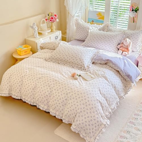 HighBuy Ruffle Lace Cotton Duvet Cover King with Purple Floral Print,Reversible Princess Breathable Cottagecore Bedding Set for Women Girls,1 Duvet Cover and 2 Ruffle Pillowcases