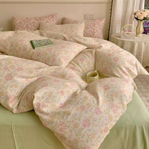 Pink Floral Duvet Cover Set Muslin Cotton Queen(90"x90"),Pink/Yellow