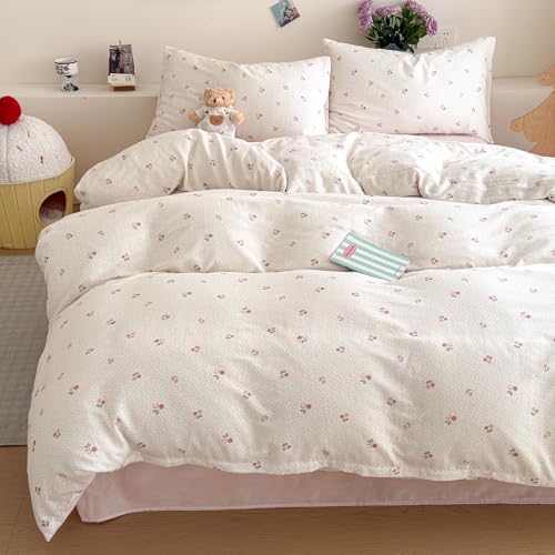 AOJIM Girls Cherry Duvet Cover Set Queen Exquisite Floral Print Bedding Set 3 Pieces (1 Comforter Cover+2 Pillowcases), Soft Breathable 100% Cotton Double Gauze Bedding Duvet Cover for Kids & Adults