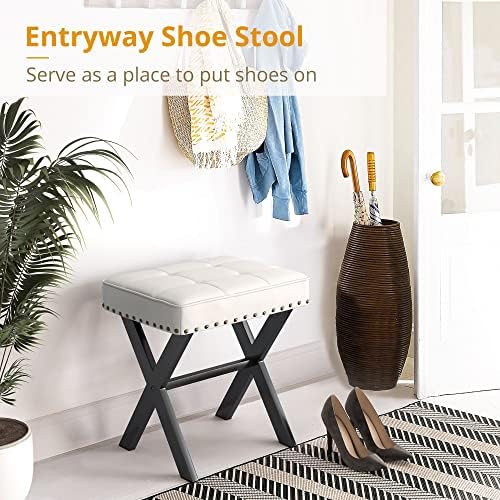 LUE BONA White Vanity Stool - Square Faux Leather Makeup Seat With Metal X Legs, Small Ottoman Chair for Makeup Room, Living Room, Bathroom - Padded Foot Rest