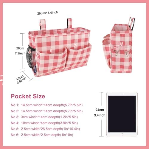 Surblue Bedside Caddy Hanging Bed Organizer Storage Bag Pocket for Bunk and Hospital Beds, College Dorm Rooms Baby Bed Rails, Camp 4 Pockets and 2 Hooks (Small,Red Plaid)