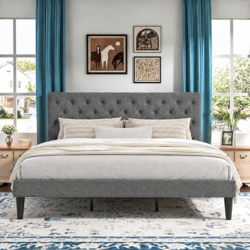 HOMBCK King Size Bed Frame, Upholstered Bed with Headboard, Light Grey