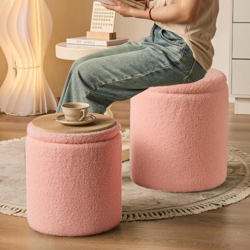 BLEXA Set of 2 Round Storage Ottoman, Pink Sherpa Ottoman with Storage