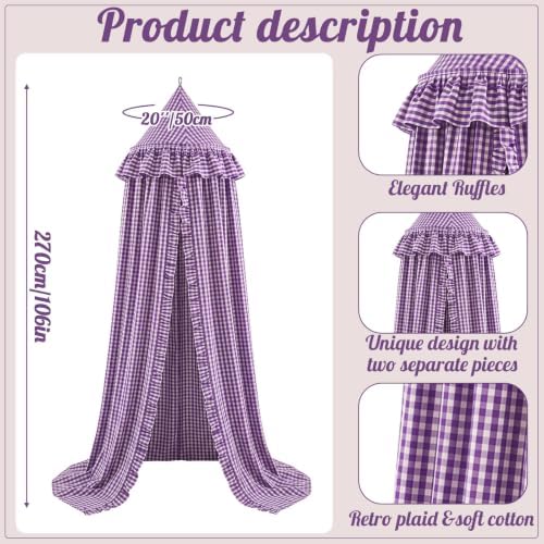 SmoothNovelty Gingham Plaid Bed Canopy, Purple White, Round
