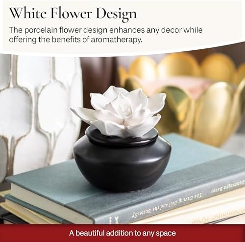 Airomé White Flower, Porcelain Passive Essential Oil Diffuser (with 15ml Peppermint Essential Oil) – Non-Electric, Battery-Free, Improves Sleep, and Relieves Stress