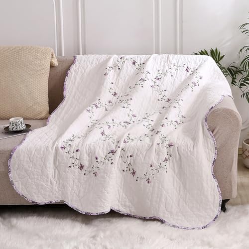 vctops 100% Cotton Quilted Throw Blanket 50x60 Inch Floral Embroidered Reversible Patchwork All Season Throw (Purple,50"x60")
