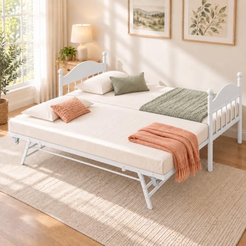 IDEALHOUSE Twin Daybed with Trundle, Foldable Pop Up Metal Twin Bed Frame