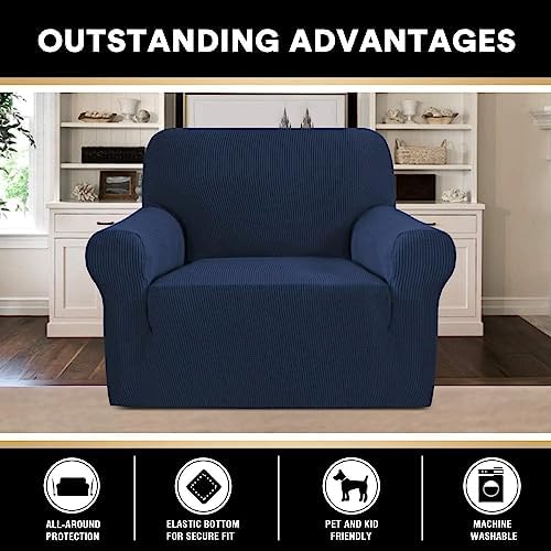 PrinceDeco Stretch Chair Cover Chair Slipcovers with Arms 1-Piece Chair Sofa Slipcovers or Living Room Non Slip Armchair Cover Furniture Protector Dogs Pet Friendly(Armchair,Navy)