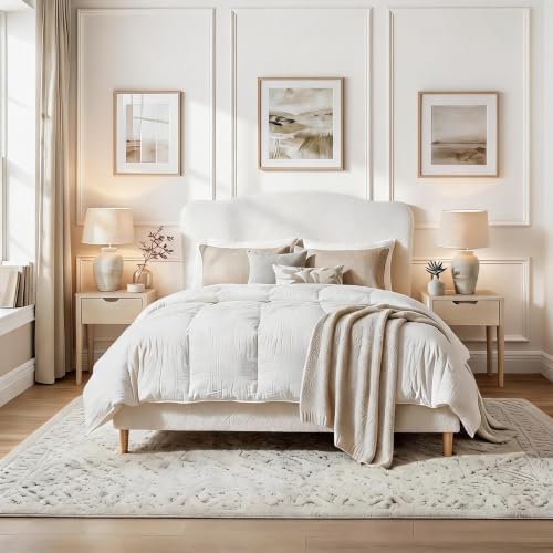 Garvee Bouclé Queen Size Bed Frame with Upholstered Headboard, White