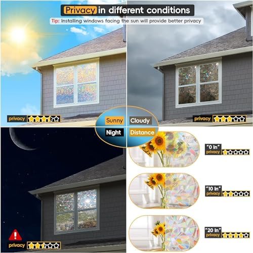 Rainbow Window Privacy Film Decorative, Stained Glass Window Tint for Home, 3D Decals Window Clings for Glass Windows, Static Cling Window Sticker, Suncatcher Window Cover, 35.4 Inch x 157.4 Inch