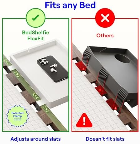 Smallish BedShelfie 2-Pack: Shroommate & Flexfit - Clip On Light and Bedside Shelf for Bunk Bed & Top Bunk, College Dorm Room Essentials, Nightstand, Floating Bed Side Table, LED Lights for Bedroom