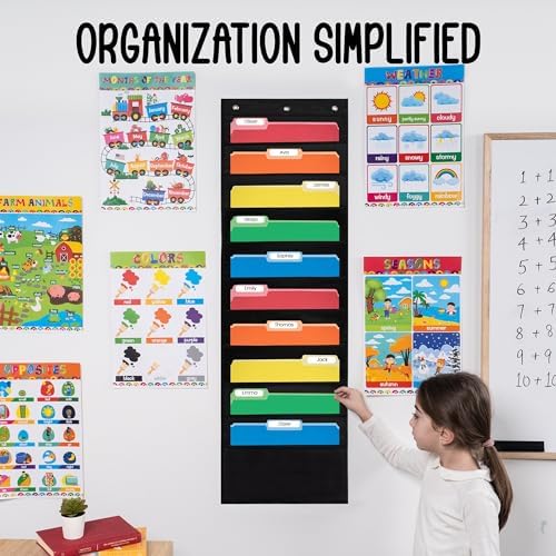 10 Pocket File Folder Pocket Chart, Black, 14" Wide x 47" Tall