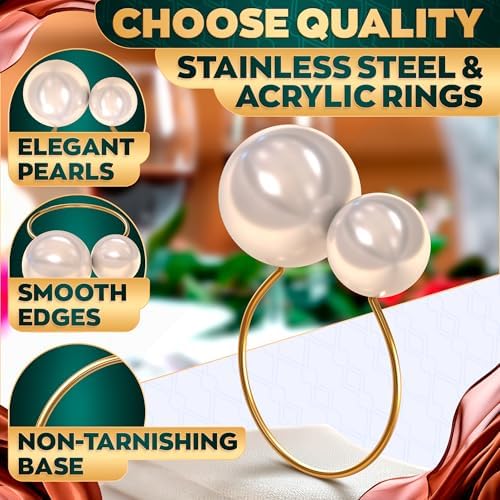 Pearl Napkin Rings Set of 12, Gold Metal Holders for Dining Tables