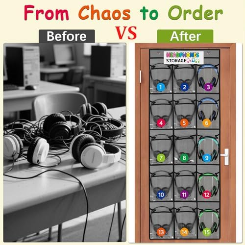 2 Pack Classroom Headphone Storage Organizer with 30 Pockets & 62 Labels