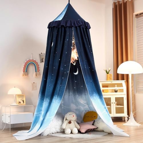 Kertnic Decor Princess Canopy for Girls Bed, Soft Smooth Playing Tent Canopy Room Decoration Castle, Dreamy Mosquito Net Bedding, Reading Nook Canopies in Home (Night Sky-Ruffle)