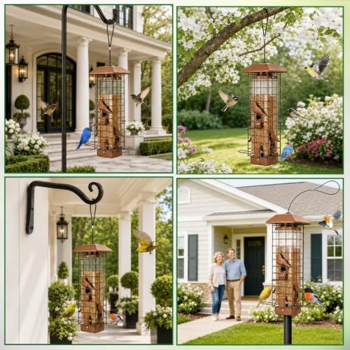 Gbekery Metal Squirrel Proof Bird Feeders for Outdoors Hanging, Brown