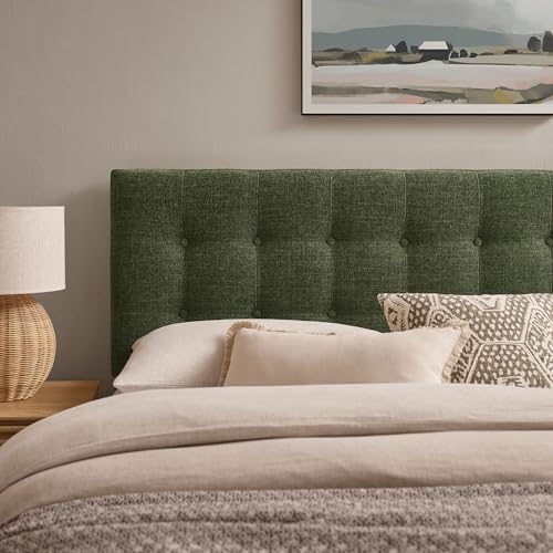 Modway Emily King Size Fabric Headboard in Foliage - Linen-Like Upholstery with Button Tufting and 7 Adjustable Height Positions