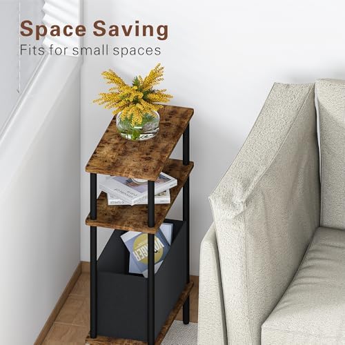 Narrow Side Table with Fabric Basket, Set of 2 End Table for Small Spaces, Slim Nightstand with 3-Tier Storage Shelf, Sofa Beside Table, for Living Room, Bed Room, Rustic Brown