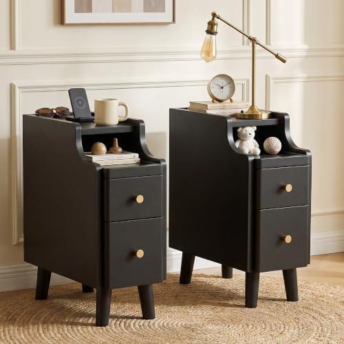 Nightstand with Drawers Set 2, Pre-Assembled, 19.7" H Natural Solid Wood Night Stand with Open Sliding Shelf, Mid Century Modern Small Bedside Table Cabinet for Bedroom, Black 8"