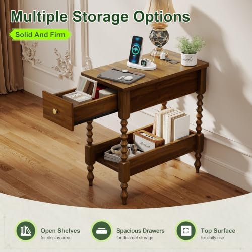 YOSHOOT Farmhouse End Table with Charging Station - Narrow Side Table for Living Room Bedroom Small Space, Wood Nightstand with Drawer and Power Outlets, Walnut