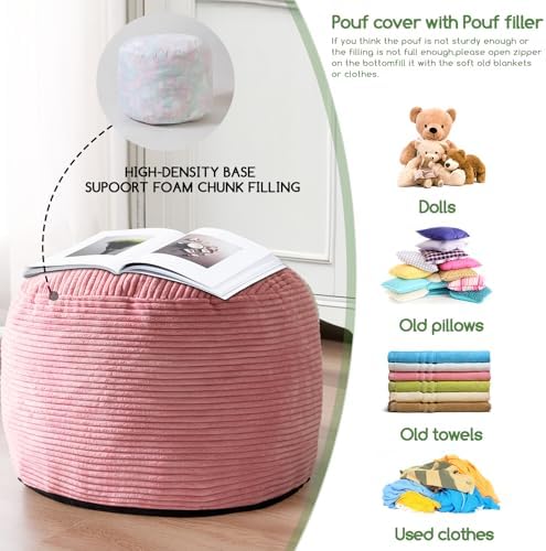 HIGOGOGO Round Stuffed Pouf Ottoman, Corduroy Poufs with Foam Chunk Filling, Furry and Fluffy Pouf Foot Stool Storage Ottoman, 26 X 18 Floor Poufs Foot Rest for Living Room, Pink