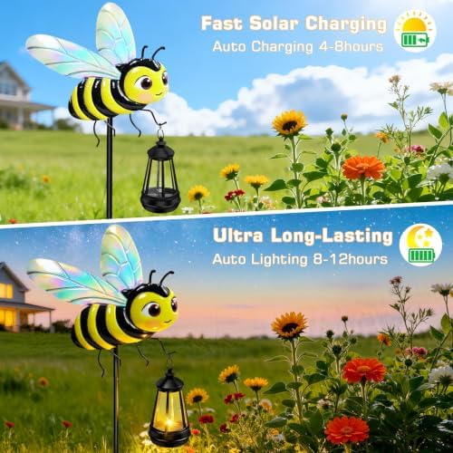 EDOF 2 Packs 32.28in Metal Bee Garden Stakes with Solar Lights Outdoor