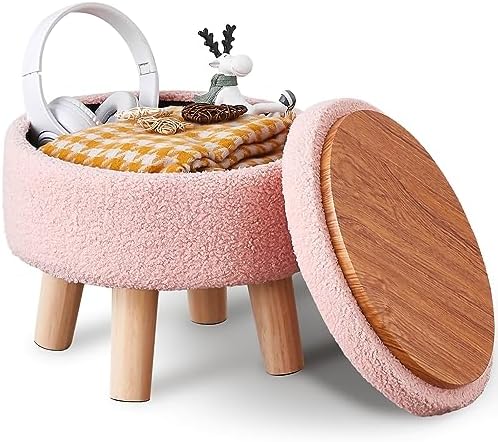 Wimarsbon Round Storage Ottoman,Footstool with Padded Seat and Wood Legs