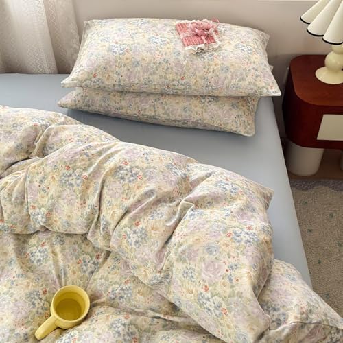 Cute Green 100 Cotton Duvet Cover Set 3 Pcs(1 Full Size Duvet Cover with 2 Pillowcases),Floral Bedding Set with Zipper,Soft Lightweight Breathable Gauze Comforter Covers 80"×90"