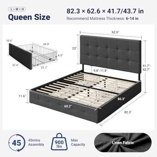 Allewie Queen Size Storage Bed Frame with 4 Underbed Drawers, Upholstered Platform Bed with Adjustable Headboard, Square Button Tufted, Easy Assembly, Noise-Free, No Box Spring Needed, Dark Grey