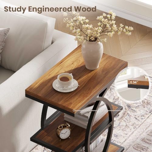 Vabches Narrow Side Table with Storage Shelf,3-Tier End Table with Artistic Curved Metal Frame,Industrial Bedside Tables for Small Space,Living Room,Bedroom,Home Decor,Walnut