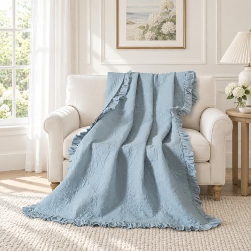 Brandream Dusty Blue Ruffled Quilted Throw Blanket Cotton 47 X 60 Blanket