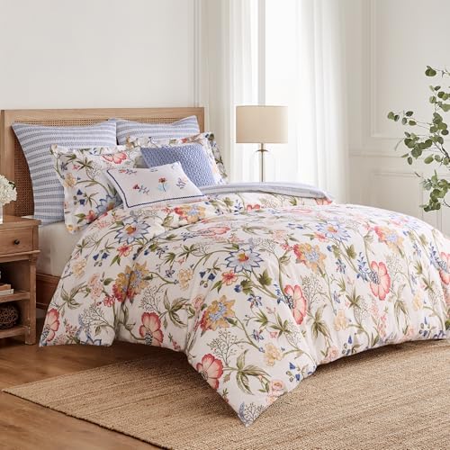 Levtex Home - Maileen Comforter Set - Full/Queen Comforter (90x94in.) and 2 Standard Shams (20x26in.) - Floral - Blue Coral Green White - Reversible - Cotton