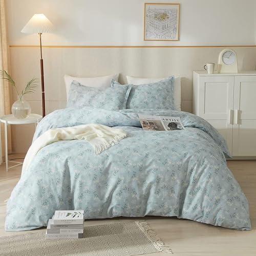 Blue Grey Flower Duvet Cover Set 100% Cotton Queen(90"x90"),White Daisy