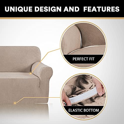 PrinceDeco Stretch Loveseat Sofa Cover Slipcover Couch Cover for 2 Cushion Sofa Washable Sofa Cover for Pets Friendly Furniture Protector Covers with Non Slip Bottom(Loveseat, Sand)