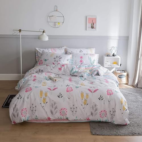 Floral Girls Duvet Cover Twin 100% Cotton Floral Bird Print Bedding Set Garden Style Flower Duvet Cover Breathable Aesthetic Cottagecore Comforter Cover Reversible Striped Bedding Set for Kids Teens