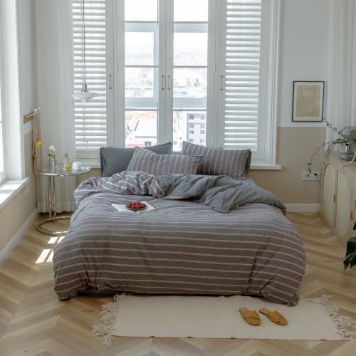 Gray & Pink Striped Duvet Cover Twin XL 3Pcs Jersey Knit Reversible Bedding