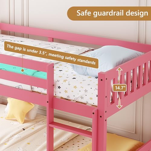 JOYMOR Low Twin Over Twin Bunk Bed for Kids/Junior, Wood Twin Bunk Bed Frame with Guardrails & Ladder for Boys Girls, Mattress Not Included