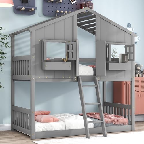 Twin Over Twin House Bunk Bed with Roof and Window, Gray