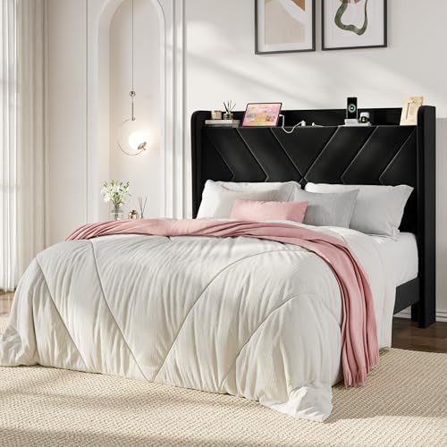 SHA CERLIN Queen Bed Frame, Velvet Upholstered Platform Bed Frame with Wingback Storage Headboard & Charging Station, Geometric Tufted Design, No Box Spring Needed, Easy Assembly, Black