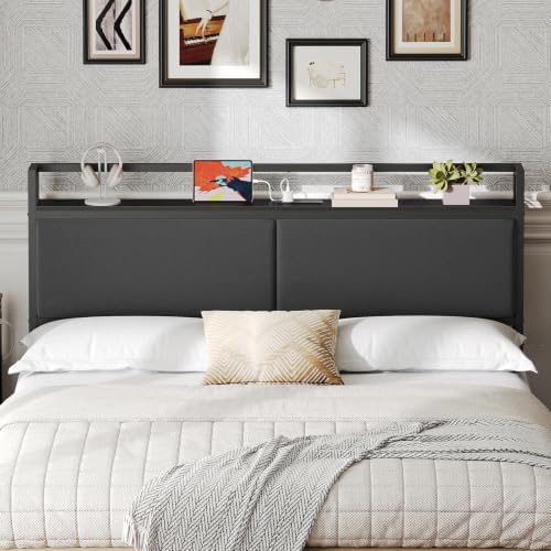 YATINEY Queen Headboard Only with Storage, Upholstered Head Board with Charging Station, Height Adjustable, Sturdy and Stable, Vintage Style, Black