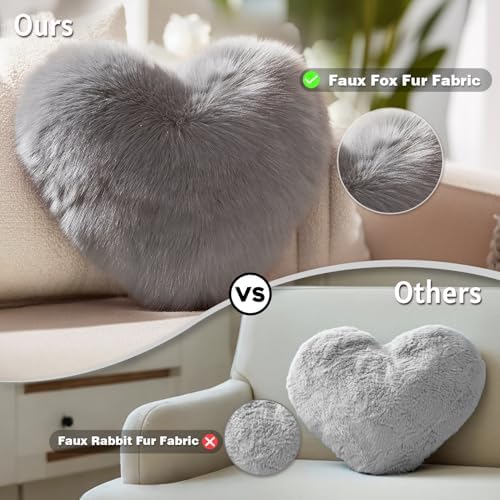 Grey Heart Pillow, Faux Fox Fur Heart Decorative Pillows, Heart Shaped Throw Pillow for Bed, Soft Fluffy Decorative Cushion for Chair Sofa Living Room - Plush Pillow Home Decor