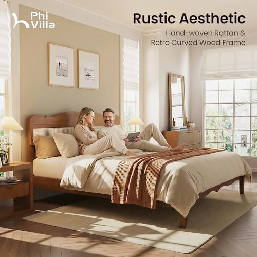 PHI VILLA Solid Wood King Size Bed Frame with Adjustable Headboard