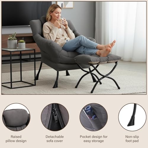 Welnow Lazy Chair with Ottoman, Reading Chair with Footrest,Dark Grey